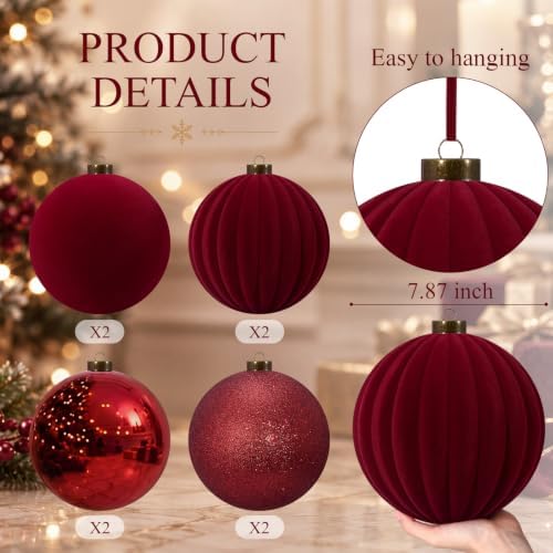Liliful 8 Pcs 8 Inch Extra Large Christmas Ball Ornaments Decor, Burgundy