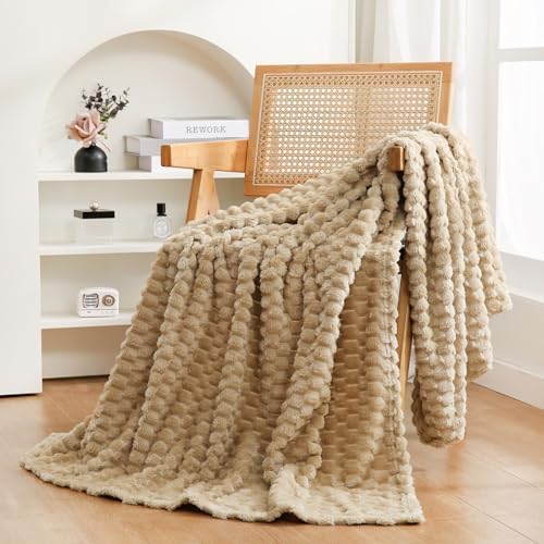 Puncuntex Beige Throw Blanket 50"×60" inches Fuzzy 3D Jacquard Decorative
