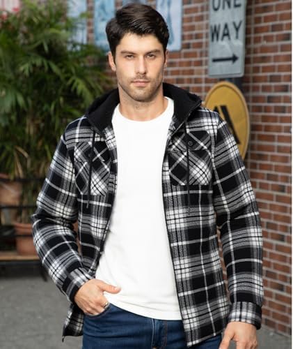GEEK LIGHTING Men's Flannel Shirts Jacket Sherpa Lined Plaid Zipper Hoodie