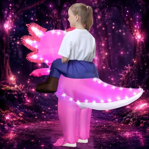 Stegosaurus Inflatable Axolotl Costume for Kids with LED Lights, Ride-On Blow Up Halloween Cosplay Outfit for Girls and Boys