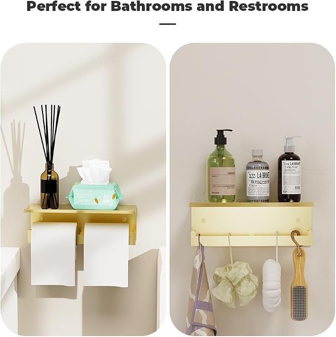 Double Toilet Paper Holder with Shelf, FreshGlow Tissue Holder Brushed Gold, Wall Mount Commercial Toilet Paper Dispenser Phone Shelf Stainless Steel, Tissue Roll for Bathroom