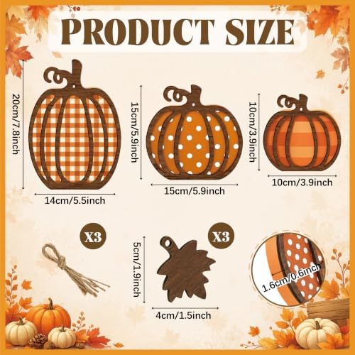 3 Pcs Fall Pumpkin Decor, Wooden Autumn Fall Decorations for Home