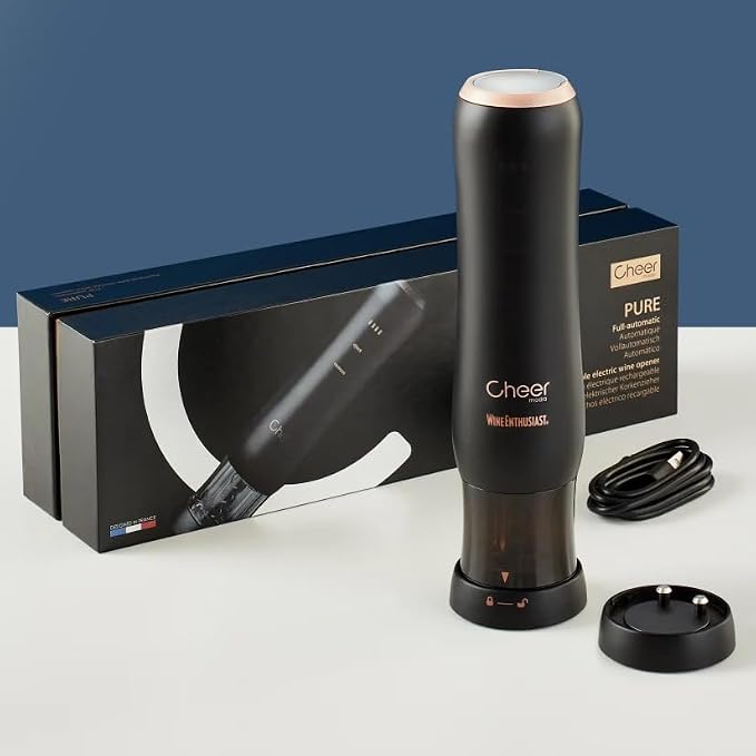 Wine Enthusiast x Cheer Moda Automatic Wine Opener – Electric Corkscrew with Hidden Touch Button, USB Charger & Foil Cutter – Rechargeable Sleek Wine Bottle Opener Gift Set – Modern French Design