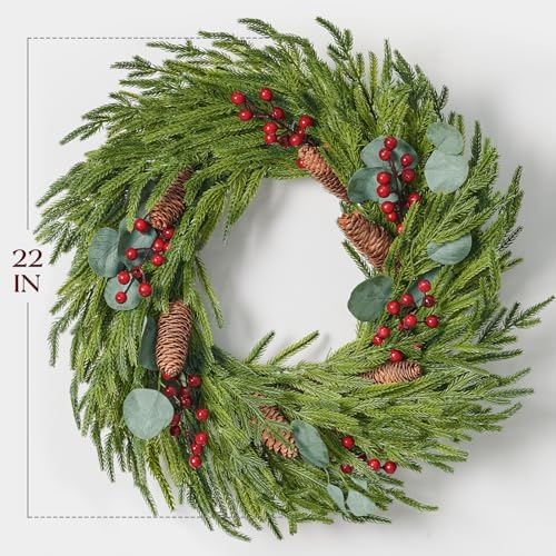 Christmas Decorations, 22 Inch Norfolk Pine Wreath with Pine Cones, Berries