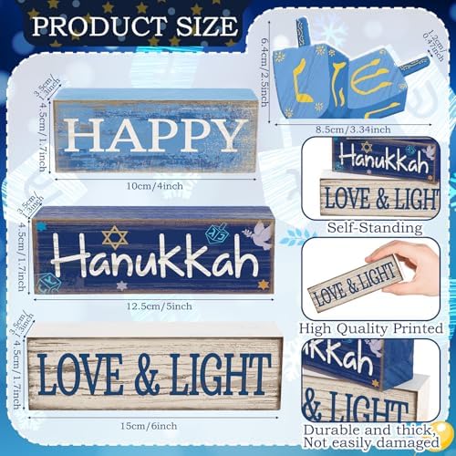 Lineshading 4 Pcs Hanukkah Table Decorations for Home, Wooden Dreidel Signs