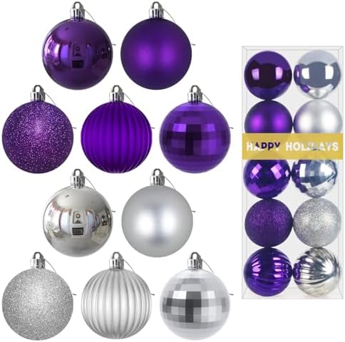 Purple & Silver 3.2" Large Christmas Balls - Christmas Tree Decoration Ornaments Shatterproof Hanging Balls for Birthday Halloween Holiday Wedding Decorations Set of 10pcs