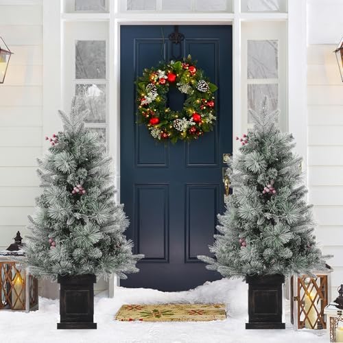 3FT Prelit Snow Flocked Christmas Tree with Prelit Premium 70 LED 8 Mode Battery Powered Mini Small Xmas Tree for Christmas Decoration Gift,Home,Office,Outdoor,Indoor with Classic Black Base-2PCS