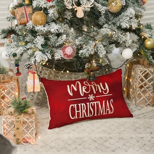 AVOIN colorlife Merry Christmas Tree Red Throw Pillow Covers, 12 x 20 Inch Xmas Tree Holiday Cushion Case Decoration for Sofa Couch Set of 4