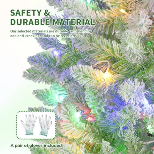 GarveeHome 7.5 ft Prelit Artificial Christmas Tree with RGB & Warm White Lights, Pre-Lit Snow Flocked Pencil Christmas Tree, Foldable Base,Holiday Decoration for Home, Office, Party,Green Gradient