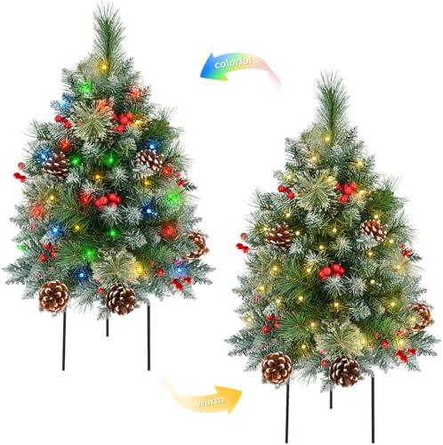 Christmas Tree Urn Filler with Timer, Pre-lit Warm White & Multi-Color Changing LED Lights, Artificial Xmas Tree for Porch, Pathway, Yard, Outdoor Holiday Decoration (2, Tree with Snow)