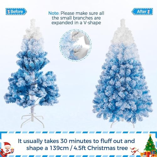 Yaheetech 4.5ft Prelit Flocked Christmas Tree, Blue & White, 100 Lights