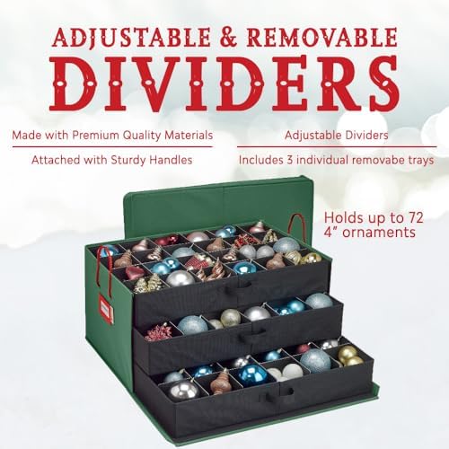 HOLDN’ STORAGE Christmas Ornament Storage Box with Dividers, Holds Up to 72 Ornaments (4 Inches), Large Organizer with 3 Stackable Trays - Green