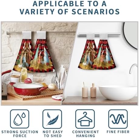 Christmas Holy Night Kitchen Towels with Hanging Loop Jesus Nativity Red Buffalo Plaid Hand Tie Towels Winter Holiday Xmas Soft Absorbent Bath Towel Oven Stove Dish Cloth Set of 2