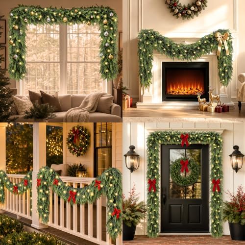 Christmas Garland with Lights Prelit Real Touch Cedar Garland Christmas Decorations 9.1ft Lush Realistic Faux Pine Garlands for Mantle, Table, Stairs, Doorframe, Fireplace Indoor Outdoor Decorations