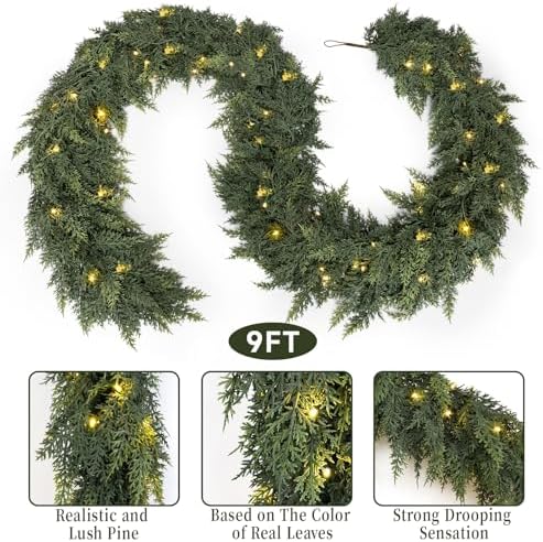 9FT Cedar Christmas Garland with Lights Realistic Prelit Pine Garland Decor