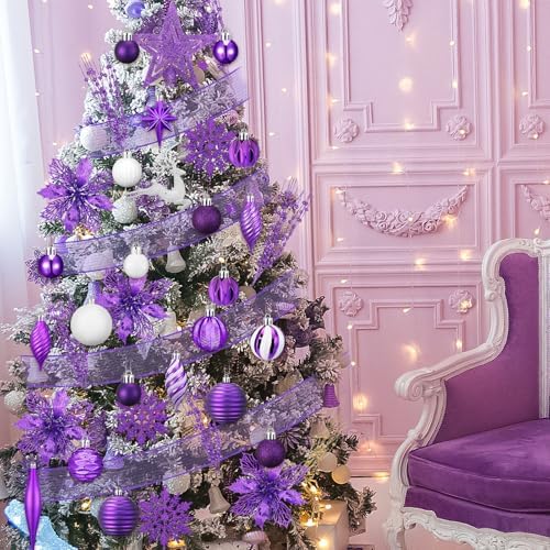 CroBlissful 118 Pcs Christmas Tree Ornaments Set Including Ornaments Balls, Hanging Snowflakes Icicle, Mesh Ribbon, Tree Top Star, Flower, Berries Stems for Xmas Trees Holiday Decor(Purple)