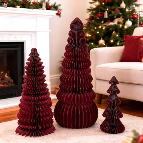 3 Pcs Large Honeycomb Christmas Tree,Classic,Burgundy