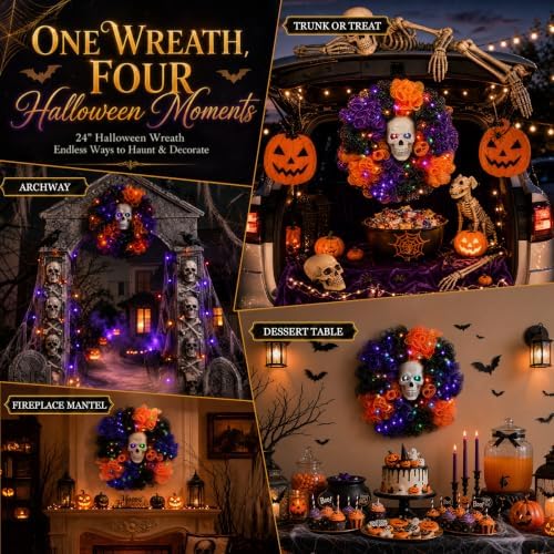 24 in Halloween Wreath with Skull and Color-Changing Lights