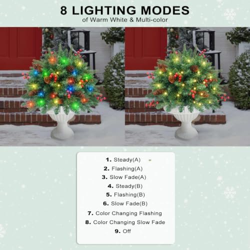 Christmas Tree Urn Filler, Battery Operated with Timer, Pre-lit Warm White & Multi-Color Changing LED Lights, Artificial Xmas Tree for Porch, Pathway, Yard, Outdoor Holiday Decoration (2, Green)