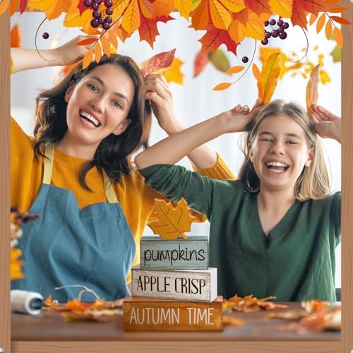 Lineshading 4 Pcs Fall Table Decor for Home, Wooden Maple Leaves Block Sign