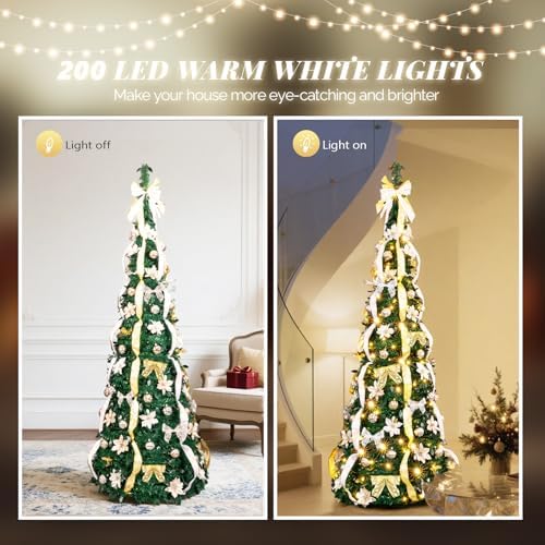 VINGLI 7ft Pop up Artificial Christmas Pine Tree with 150 Warm White Lights, Xmas Tree Holiday Party Decorations with Sturdy Metal Stand (Gold&Silver)