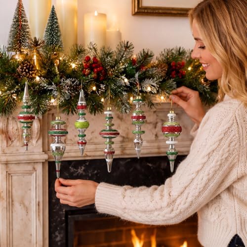 Soulchen 6 Pcs Vintage Glass Finial Christmas Ornaments Boho 6-6.8 Inch