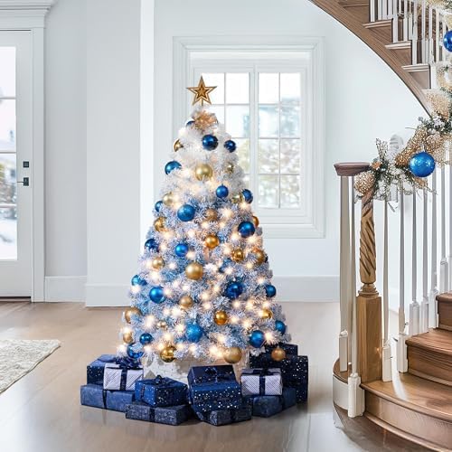 Yaheetech 4.5ft Prelit Flocked Christmas Tree, Blue & White, 100 Lights