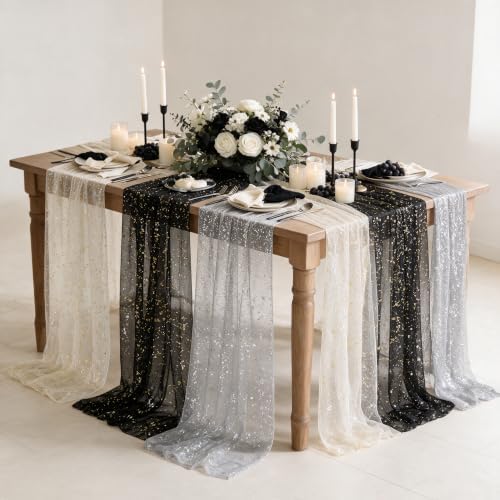 Artoid Mode 6PC Beige Black White Gauze Table Runner 120 Inch 10FT, Glitter Metallic Foil Sheer for Wedding Anniversary Holiday Birthday Home Party Decor