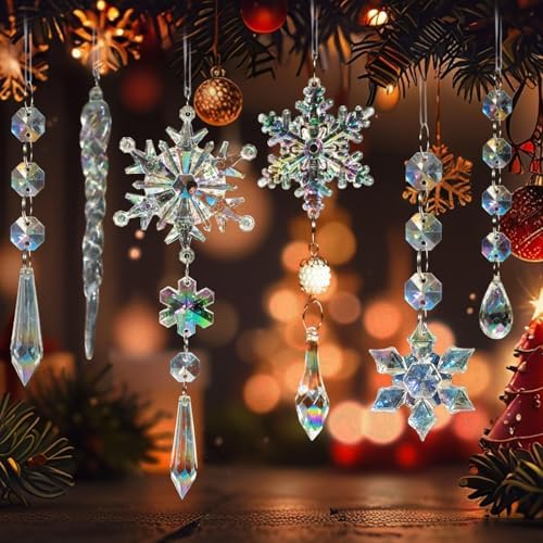 Crystal Christmas Tree Ornaments, 48pcs Iridescent Acrylic Snowflake Icicle