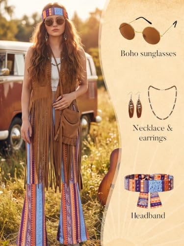 SOMSOC 7 Pieces 60s 70s Women Hippie Costume Fringe Vest Bag Pant Headband for Disco