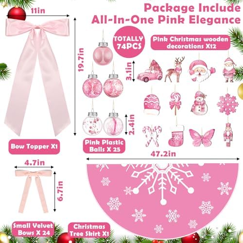 Syhood 74 Pcs Pink Christmas Tree Ornaments Set