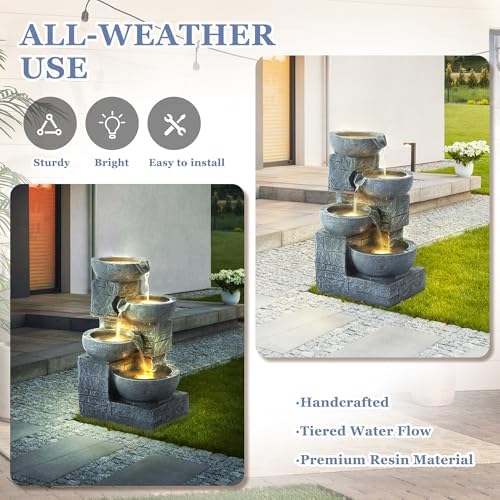 Grepatio 4-Tiers Indoor/Outdoor Garden Water Fountain, 21.9" H Cascading Water Feature Waterfalls Fountain with 4 LED Lights, Outdoor Floor Standing Water Fountains for Garden, Yard, Decor (Grey)