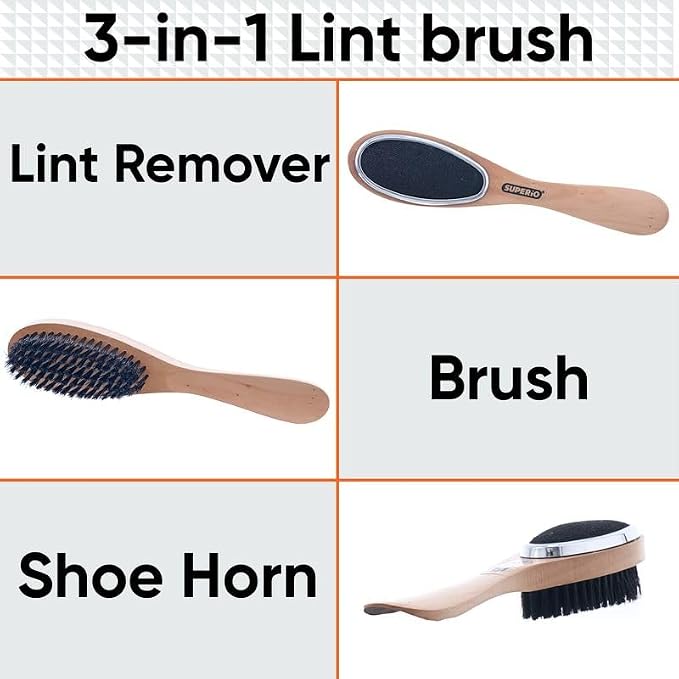 Superio Lint Brush for Clothes,12-Pack,3 in 1 Garment Brush - Double Sided Wood Handle,Clothes Brush,Lint Brush for Suit,Wool Coat,Removes Pet Lint and Dust and Shoe Horn