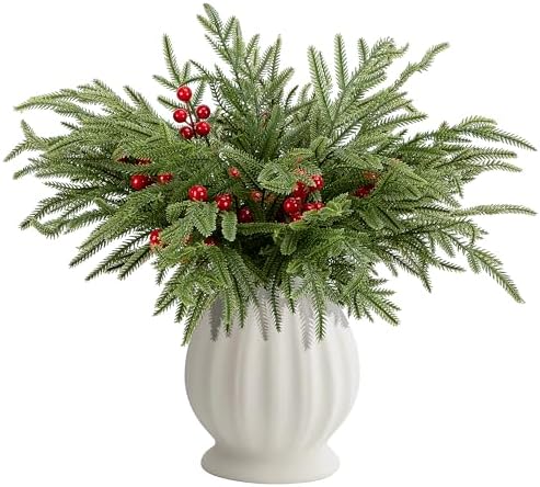 60 Pcs Christmas Norfolk Pine Branches Red Berry Stems Faux Christmas Sprig