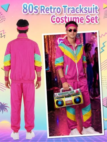 SOMSOC 80s Tracksuit for Men Women Halloween Costume Retro Windbreaker Set Neon 90s Outfit Couple Jogger Suit