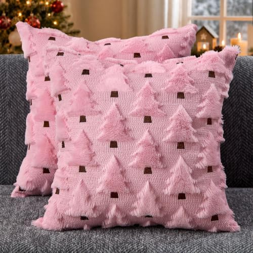 Allorry Christmas Pillow Covers 18x18 inch Set of 2 Pink Christmas Decorations Soft Plush Faux Fur Wool Christmas Tree Throw Pillow Cases Winter Holiday Decor for Sofa Living Room PT002E18