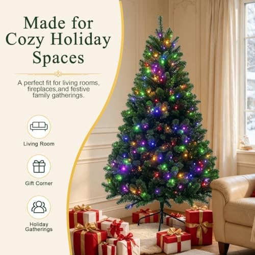 6FT Pre-Lit Green Artificial Christmas Tree with 300 Dual-Color LEDs, 9 Lighting Modes, 667 Branch Tips, Hinged Semi-Automatic Setup for Home, Office and Indoor Holiday Party Decor