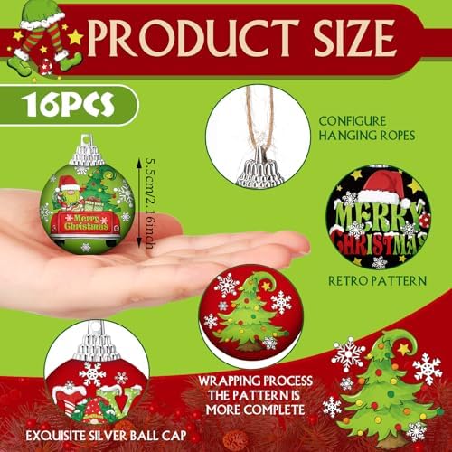Outus 16 Pcs Christmas Ball Ornaments for Tree Red and Green Merry Christmas Hanging Ornaments Xmas Elf Balls for Tree Decoration Xmas Gifts Farmhouse Home Fireplace Decoration Holiday Party Favors
