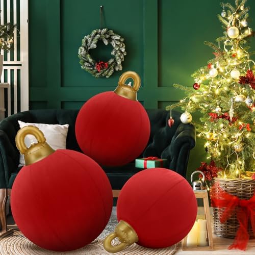 Jenaai 3 Pcs Giant Velvet Christmas Inflatable Ball Ornament 24" 20" 18"
