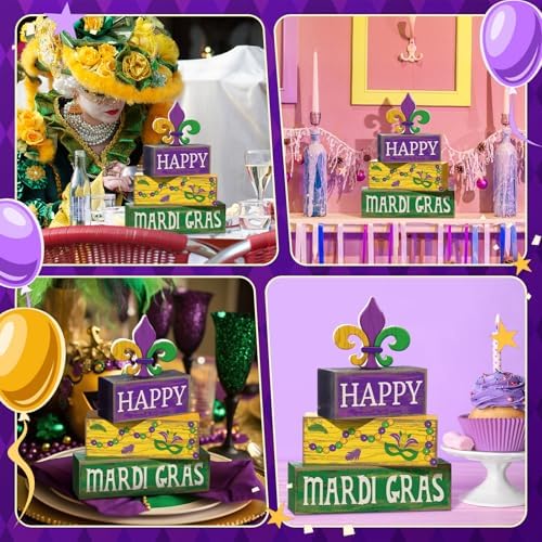 Moucuny 4 Pcs Mardi Gras Wooden Block Signs Tiered Tray Farmhouse Table