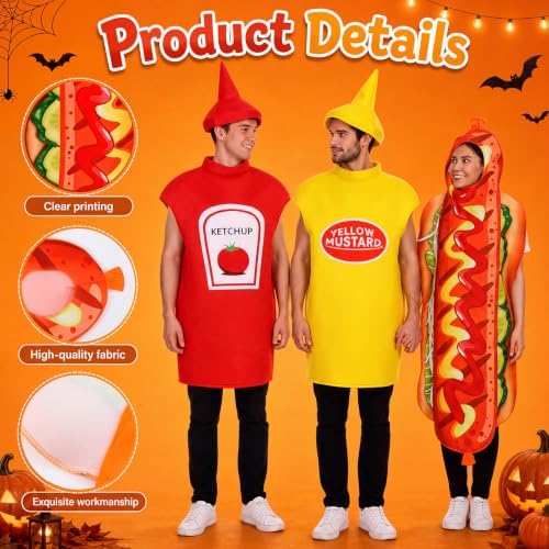 Mepase 3 Pcs Hot Dog Ketchup Mustard Halloween Costumes Set for Adults