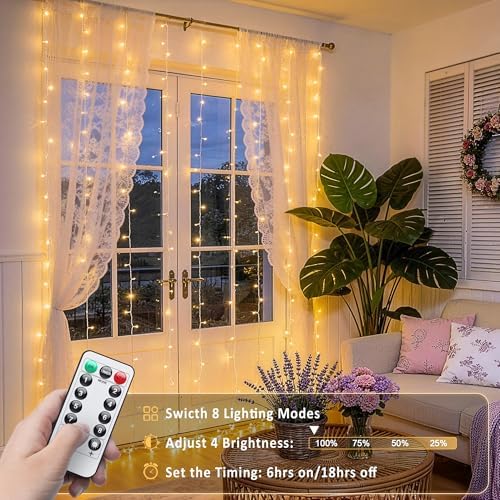 JMEXSUSS USB Plug in Curtain Lights 200 LED with 8 Modes, 6.5ftx6.5ft