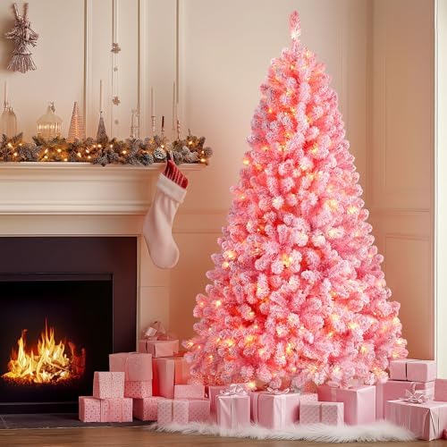 SHareconn 6.5ft Snow Flocked Spruce Pre-lit Artificial Christmas Tree, Pink