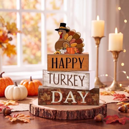 Moucuny 4 Pcs Thanksgiving Table Decor, Happy Turkey Day Wooden Block Signs