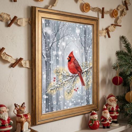 Framed Red Cardinal Winter Canvas Art Gold Frame Inch 24x36