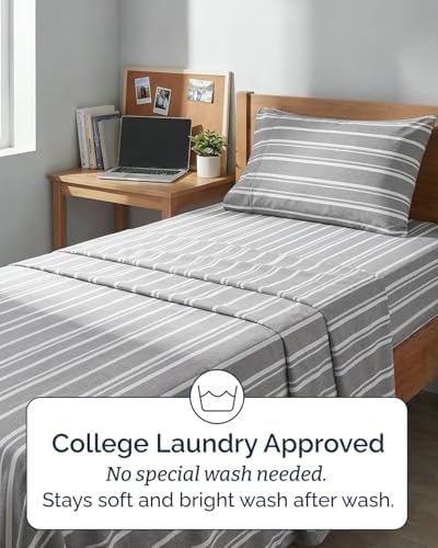 Twin XL Size 3 Piece Sheet Set - Breathable & Cooling Sheets - Grey Stripes