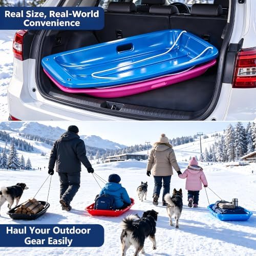 Adult and Kids Plastic Toboggan Snow Sled,Durable Cold-Resistant Flexible Design, with Pull Rope & Handles for Winter Outdoor Sports-35 Inch