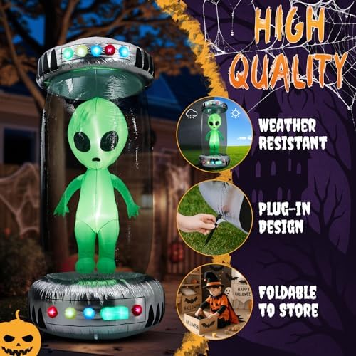 Outvita 8.2FT Halloween Inflatable Alien with UFO, Blow Up Outdoor Decoration with Rotating LEDs, Halloween Decor for Yard, Party, Garden