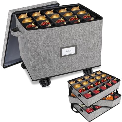 Lukeline Rolling Christmas Ornament Storage Box, Holiday Ornament Organizer with 3 Individual Removable Trays, Large Capacity Christmas Ornament Box with Tow Rope and Double Handles (Grey)