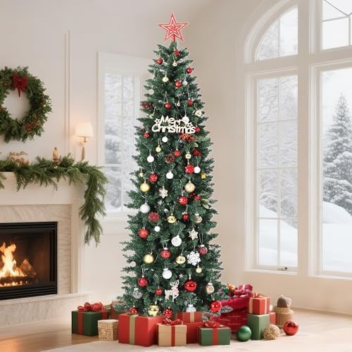 GarveeHome 7.5 ft Pencil Christmas Tree,Artificial Pre-Lit Christmas Tree,Realistic Xmas Tree Artificial Holiday Decoration for Indoor and Outdoor Use